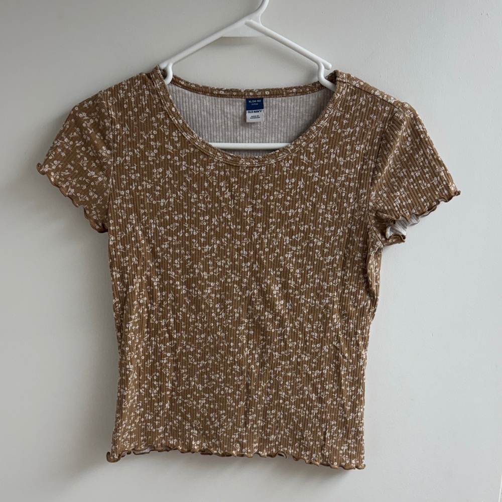 Old Navy Brown Floral Ribbed Scoop Neck Short Sleeve Tee girls XL 14/16
